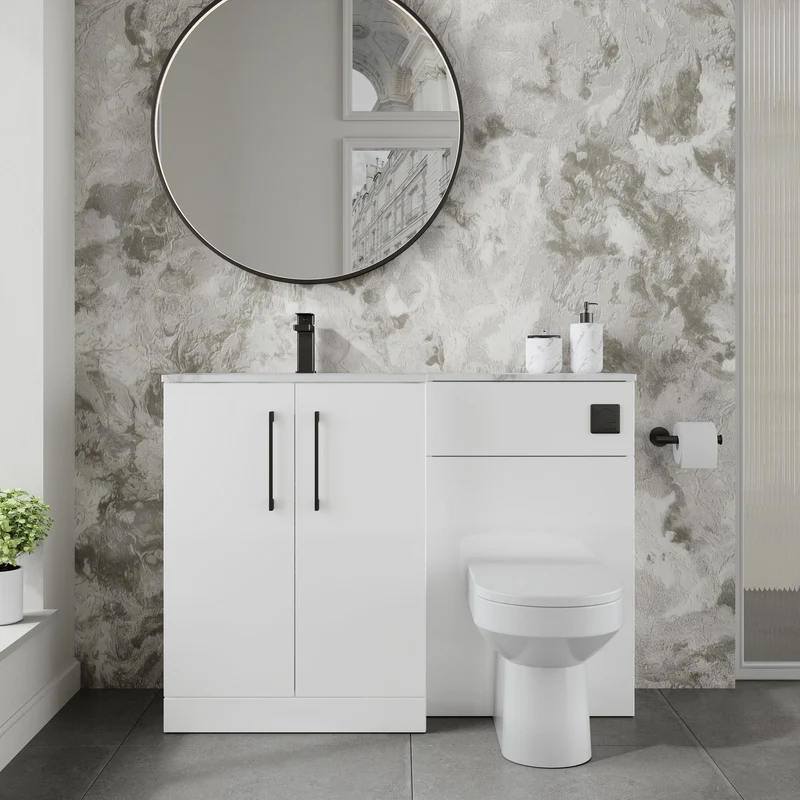 Lana 1100mm Basin & WC Combination Unit With Marble Stone Basin Left Hand - White Gloss