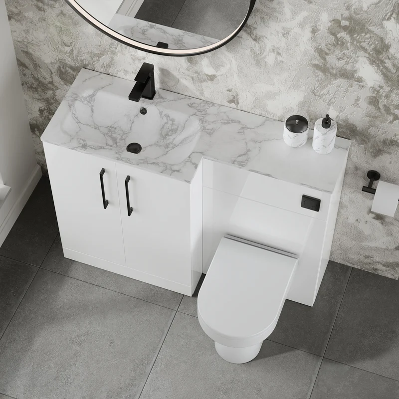 Lana 1100mm Basin & WC Combination Unit With Marble Stone Basin Left Hand - White Gloss