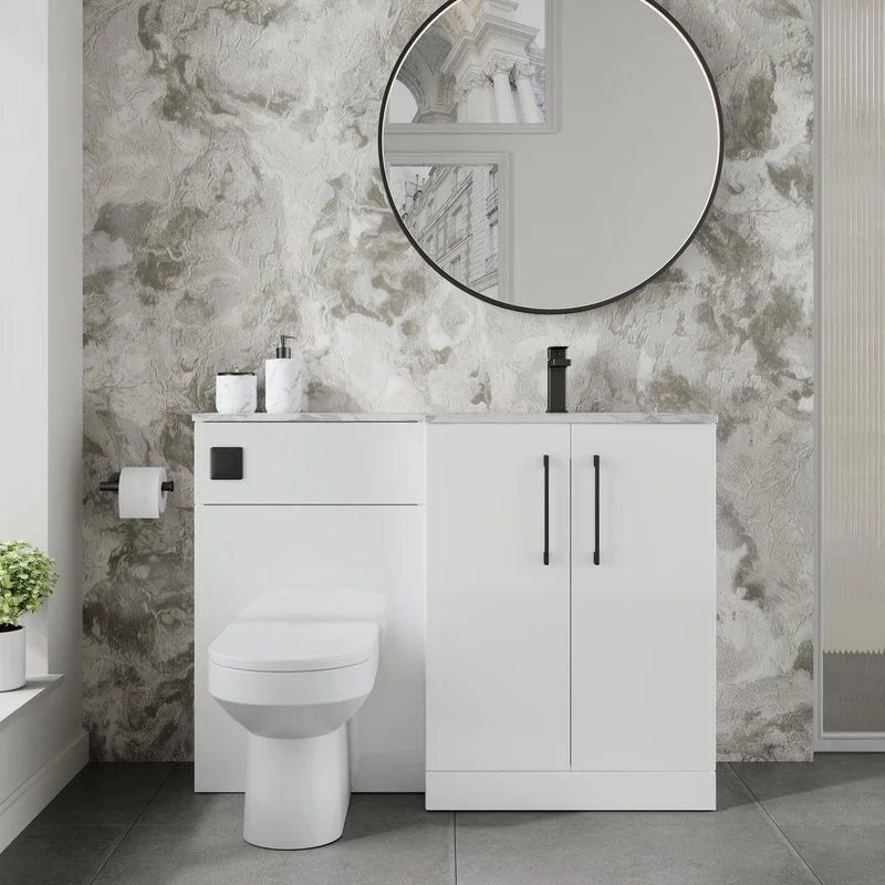 Lana 1100mm Basin & WC Combination Unit With Marble Stone Basin Right Hand - White Gloss
