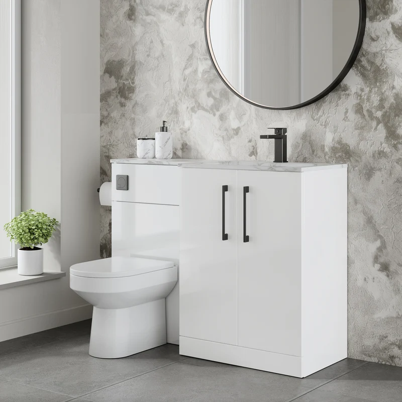 Lana 1100mm Basin & WC Combination Unit With Marble Stone Basin Right Hand - White Gloss