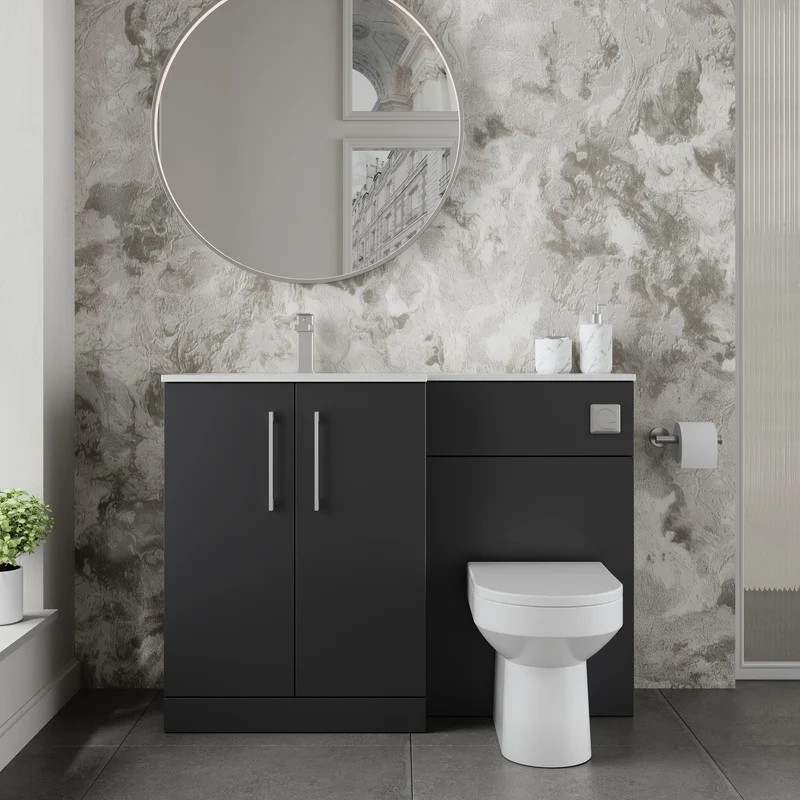 Lana 1100mm Basin & WC Combination Unit With White Stone Basin Left Hand - Soft Black Satin