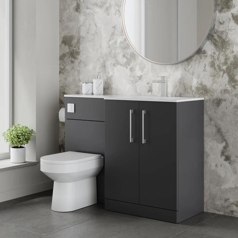 Lana 1100mm Basin & WC Combination Unit With White Stone Basin Right Hand - Soft Black Satin