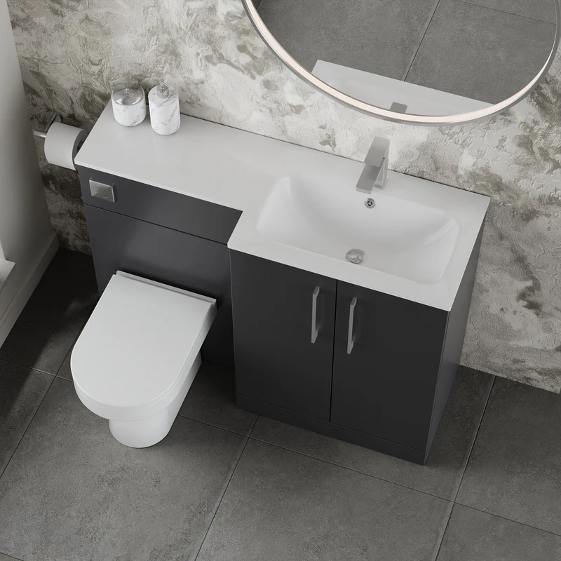 Lana 1100mm Basin & WC Combination Unit With White Stone Basin Right Hand - Soft Black Satin