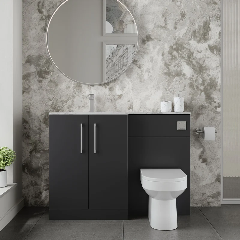 Lana 1100mm Basin & WC Combination Unit With Marble Stone Basin Left Hand - Soft Black Satin
