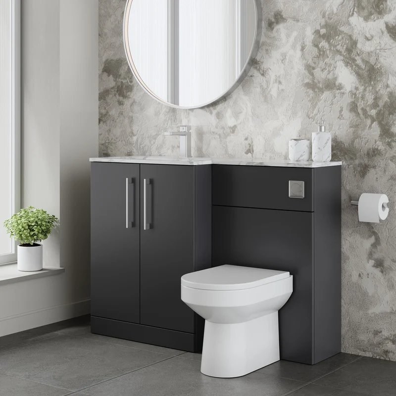 Lana 1100mm Basin & WC Combination Unit With Marble Stone Basin Left Hand - Soft Black Satin