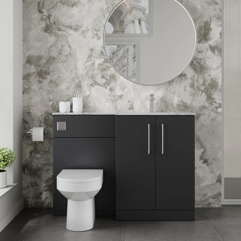 Lana 1100mm Basin & WC Combination Unit With Marble Stone Basin Right Hand - Soft Black Satin