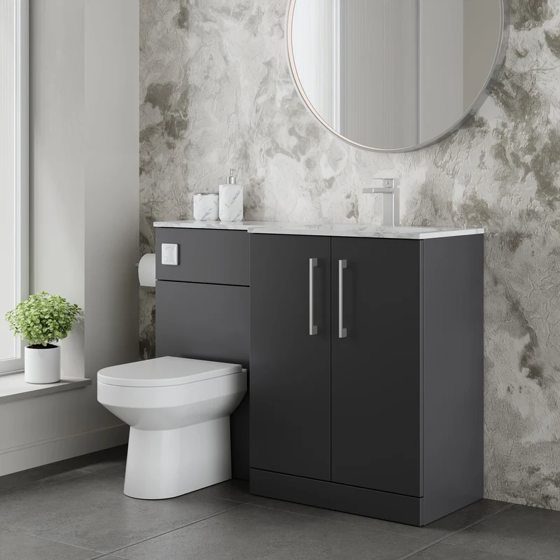 Lana 1100mm Basin & WC Combination Unit With Marble Stone Basin Right Hand - Soft Black Satin