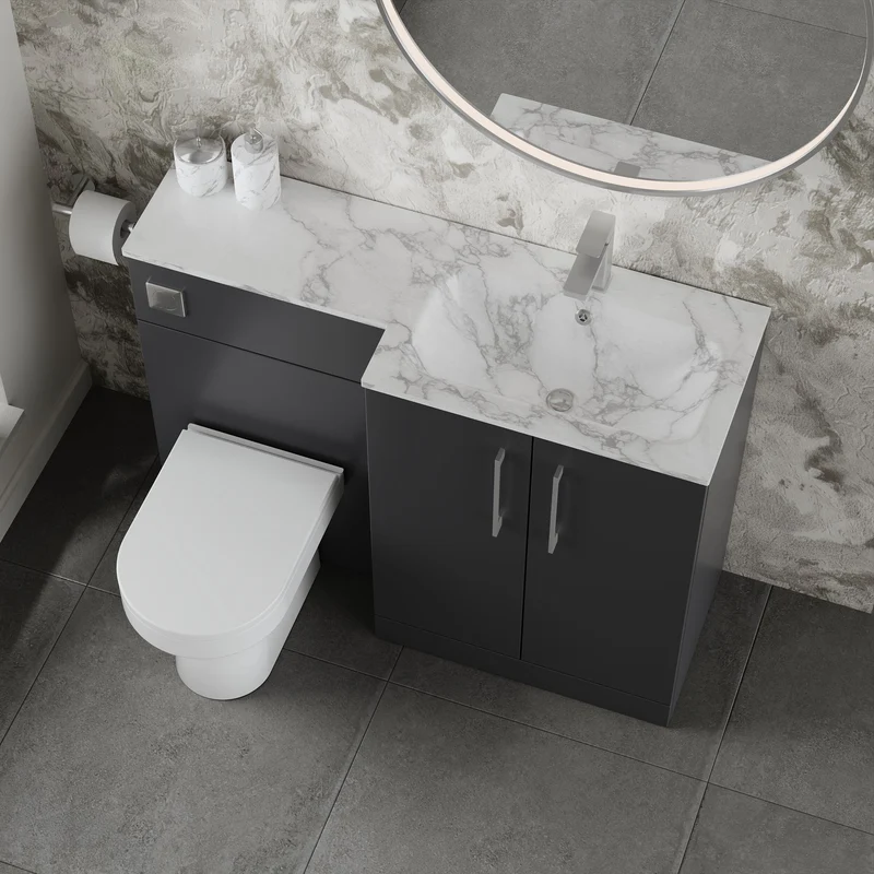 Lana 1100mm Basin & WC Combination Unit With Marble Stone Basin Right Hand - Soft Black Satin