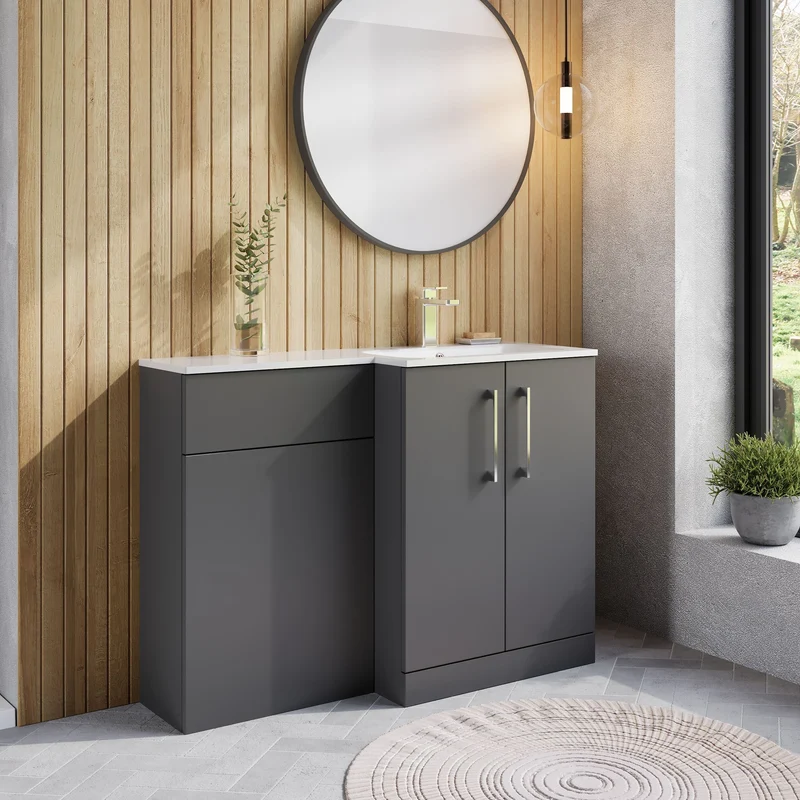 Lana 1100mm Basin & WC Combination Unit With White Stone Basin Right Hand - Grey Satin