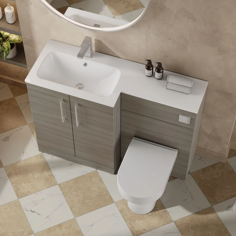 Lana 1100mm Basin & WC Combination Unit With White Stone Basin Left Hand - Solace Oak Woodgrain