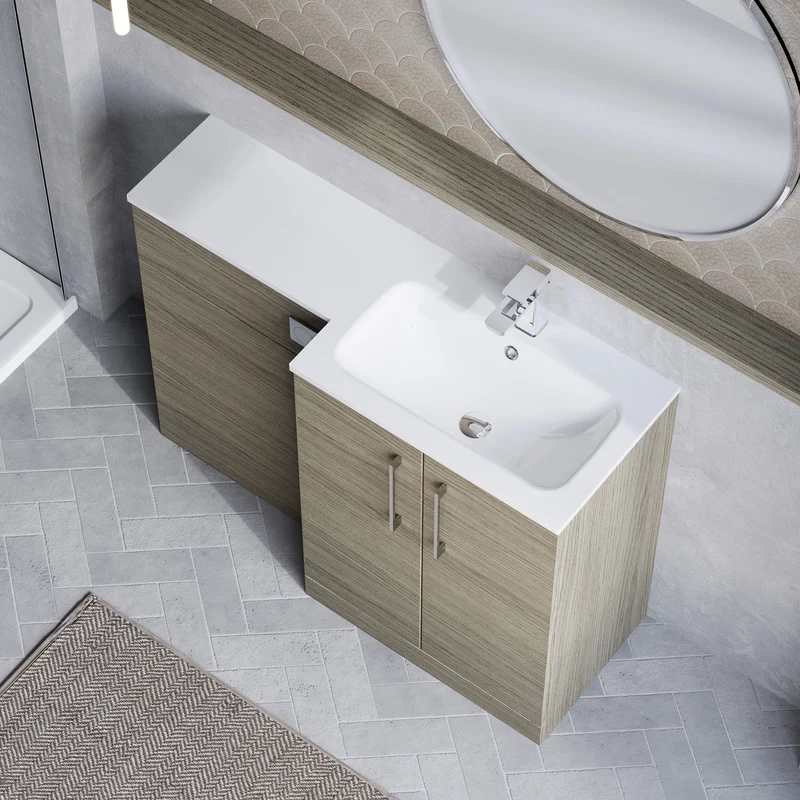 Lana 1100mm Basin & WC Combination Unit With White Stone Basin Right Hand - Solace Oak Woodgrain