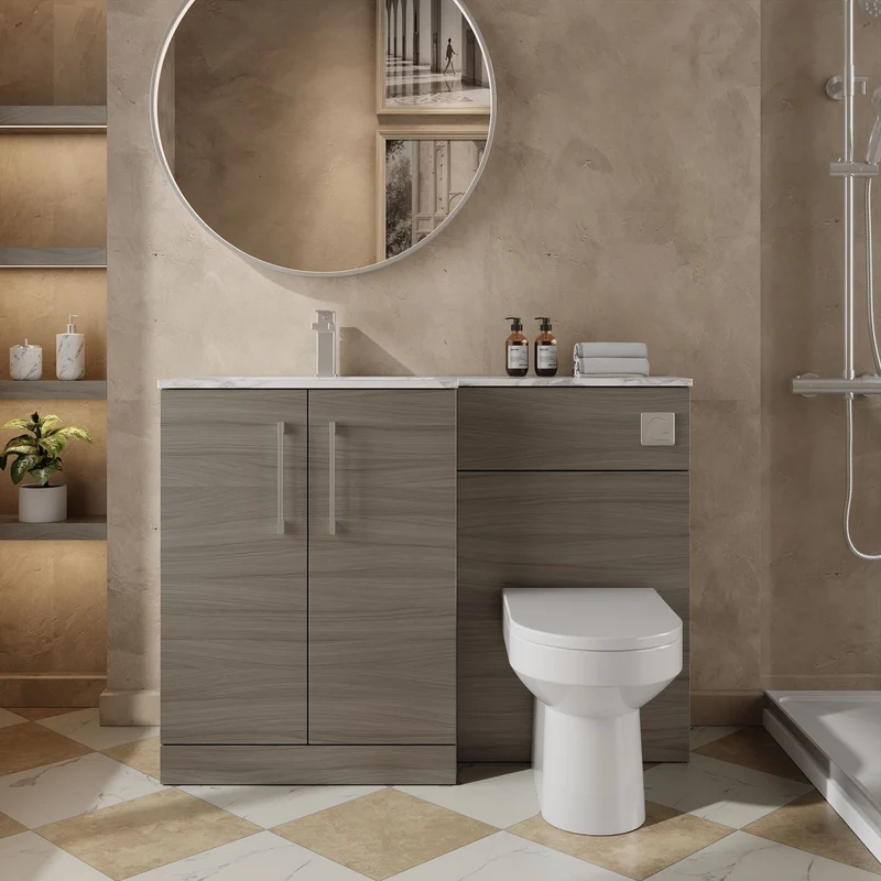 Lana 1100mm Basin & WC Combination Unit With Marble Stone Basin Left Hand - Solace Oak Woodgrain
