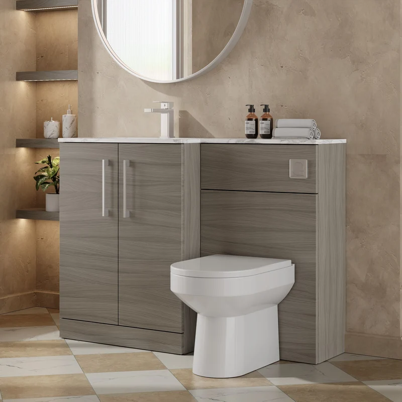 Lana 1100mm Basin & WC Combination Unit With Marble Stone Basin Left Hand - Solace Oak Woodgrain