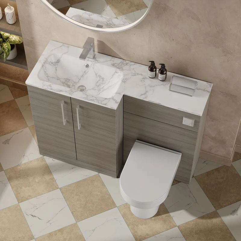 Lana 1100mm Basin & WC Combination Unit With Marble Stone Basin Left Hand - Solace Oak Woodgrain
