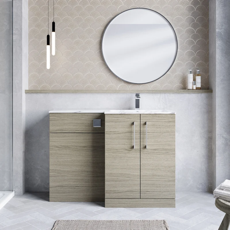 Lana 1100mm Basin & WC Combination Unit With Marble Stone Basin Right Hand - Solace Oak Woodgrain