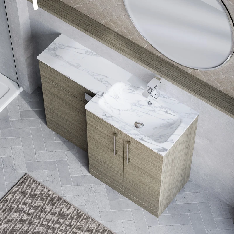 Lana 1100mm Basin & WC Combination Unit With Marble Stone Basin Right Hand - Solace Oak Woodgrain
