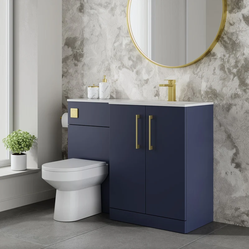 Lana 1100mm Basin & WC Combination Unit With White Stone Basin Right Hand - Midnight Blue Satin
