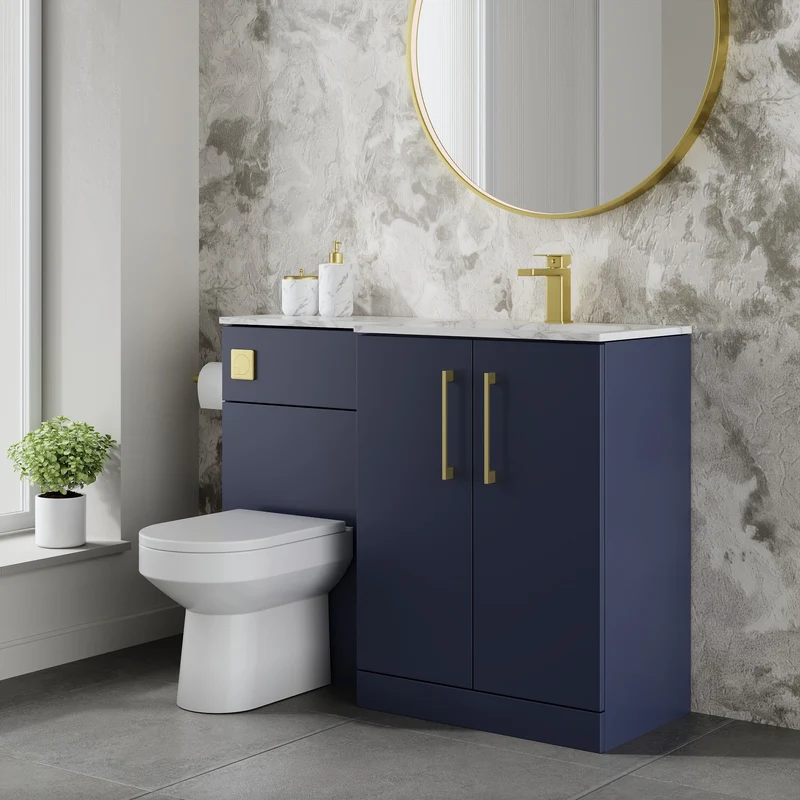 Lana 1100mm Basin & WC Combination Unit With Marble Stone Basin Right Hand - Midnight Blue Satin