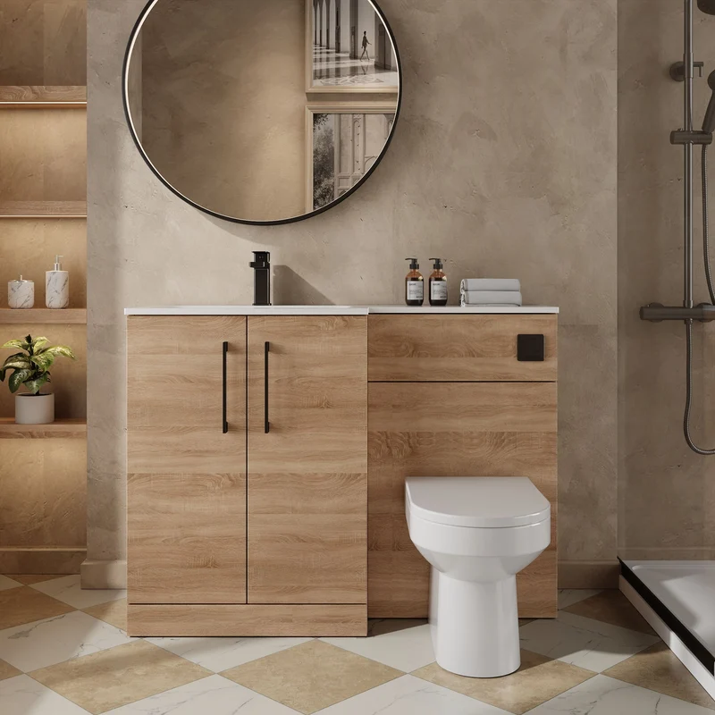 Lana 1100mm Basin & WC Combination Unit With White Stone Basin Left Hand - Bleached Oak Woodgrain