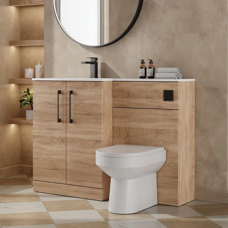 Lana 1100mm Basin & WC Combination Unit With White Stone Basin Left Hand - Bleached Oak Woodgrain
