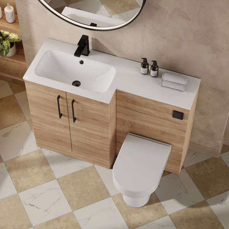 Lana 1100mm Basin & WC Combination Unit With White Stone Basin Left Hand - Bleached Oak Woodgrain