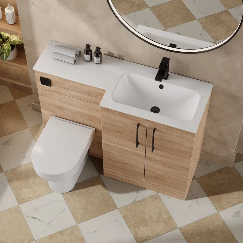 Lana 1100mm Basin & WC Combination Unit With White Stone Basin Right Hand - Bleached Oak Woodgrain