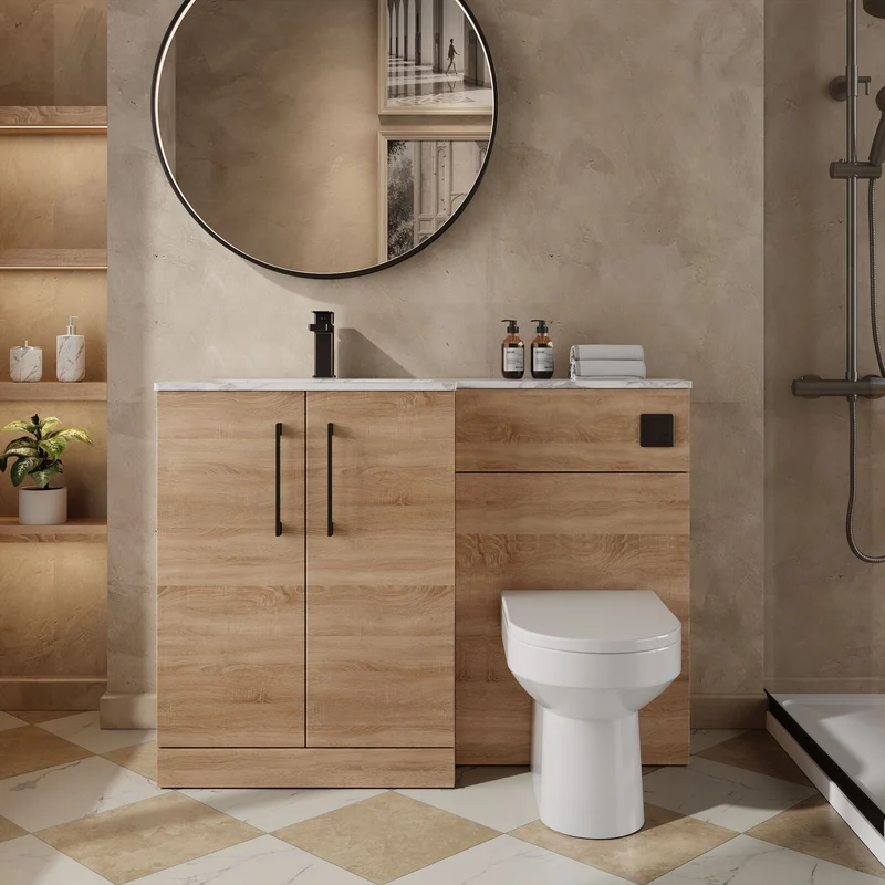 Lana 1100mm Basin & WC Combination Unit With Marble Stone Basin Left Hand - Bleached Oak Woodgrain