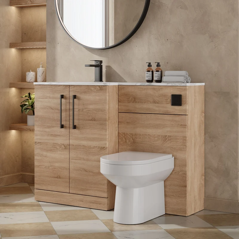 Lana 1100mm Basin & WC Combination Unit With Marble Stone Basin Left Hand - Bleached Oak Woodgrain