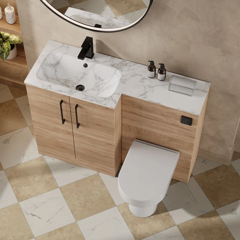 Lana 1100mm Basin & WC Combination Unit With Marble Stone Basin Left Hand - Bleached Oak Woodgrain