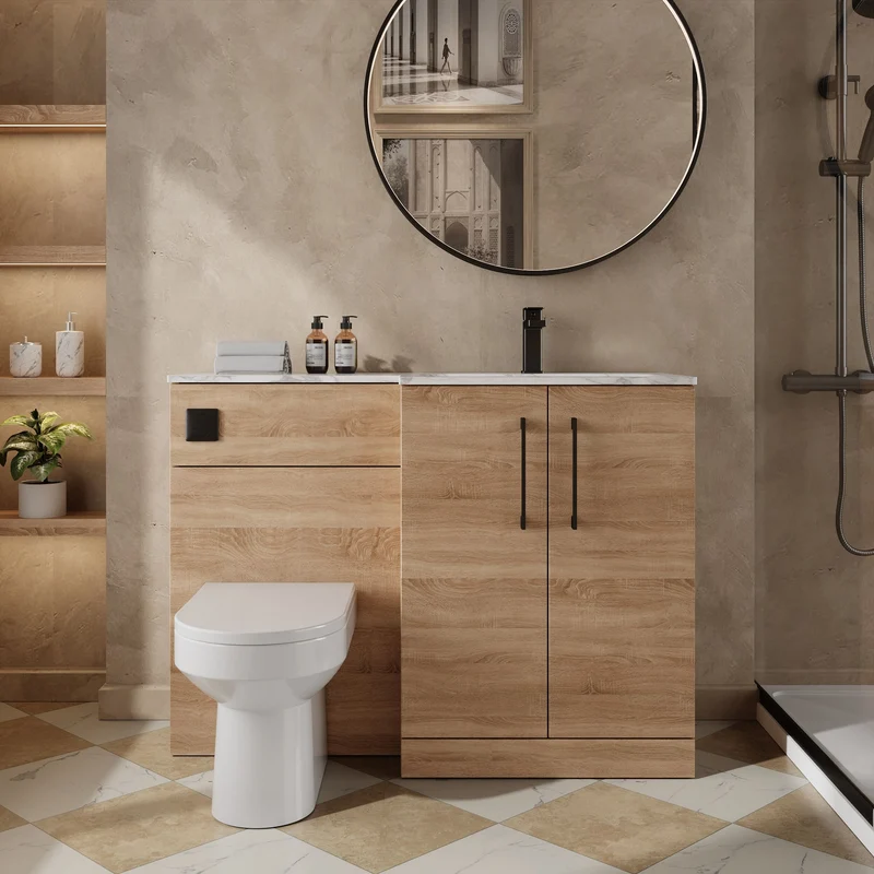 Lana 1100mm Basin & WC Combination Unit With Marble Stone Basin Right Hand - Bleached Oak Woodgrain