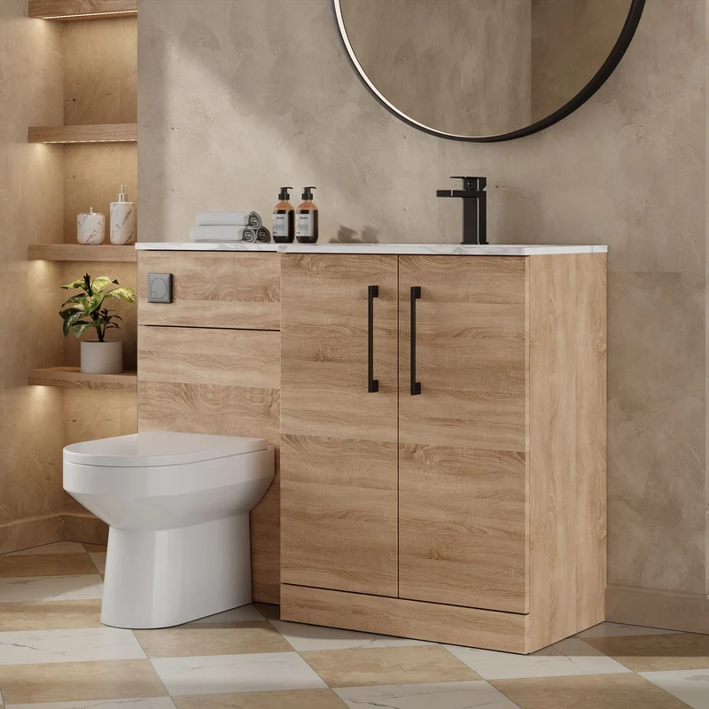Lana 1100mm Basin & WC Combination Unit With Marble Stone Basin Right Hand - Bleached Oak Woodgrain