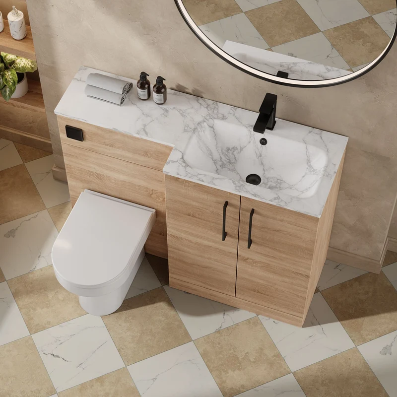 Lana 1100mm Basin & WC Combination Unit With Marble Stone Basin Right Hand - Bleached Oak Woodgrain