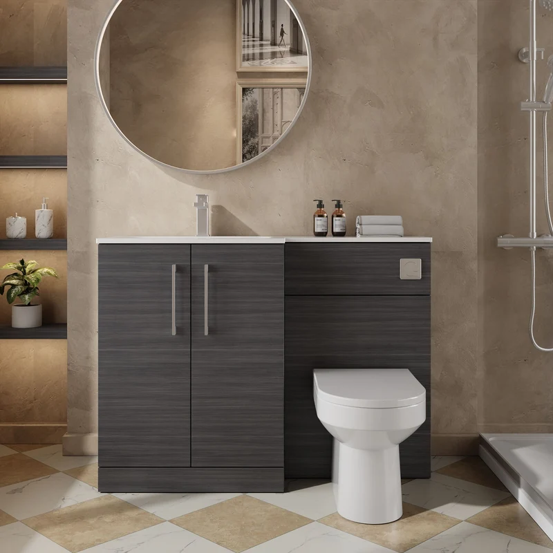 Lana 1100mm Basin & WC Combination Unit With White Stone Basin Left Hand - Anthracite Woodgrain
