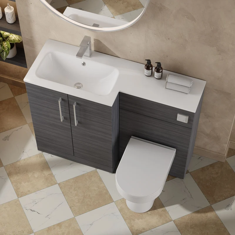 Lana 1100mm Basin & WC Combination Unit With White Stone Basin Left Hand - Anthracite Woodgrain