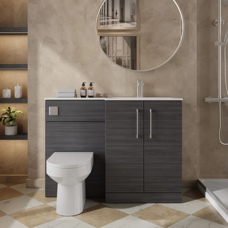 Lana 1100mm Basin & WC Combination Unit With White Stone Basin Right Hand - Anthracite Woodgrain
