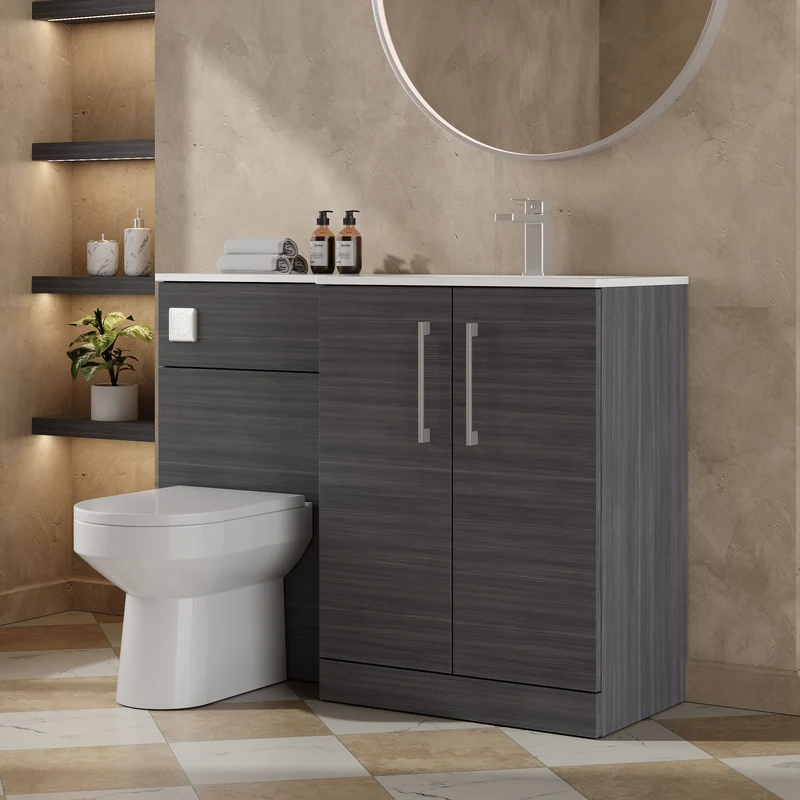 Lana 1100mm Basin & WC Combination Unit With White Stone Basin Right Hand - Anthracite Woodgrain