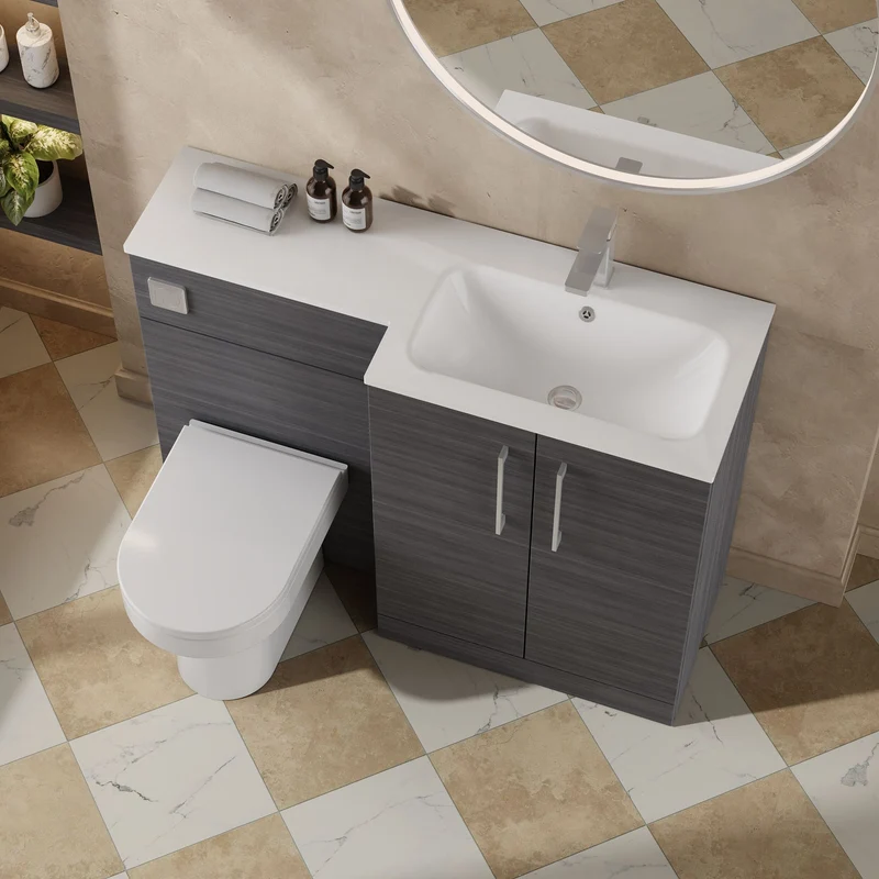 Lana 1100mm Basin & WC Combination Unit With White Stone Basin Right Hand - Anthracite Woodgrain