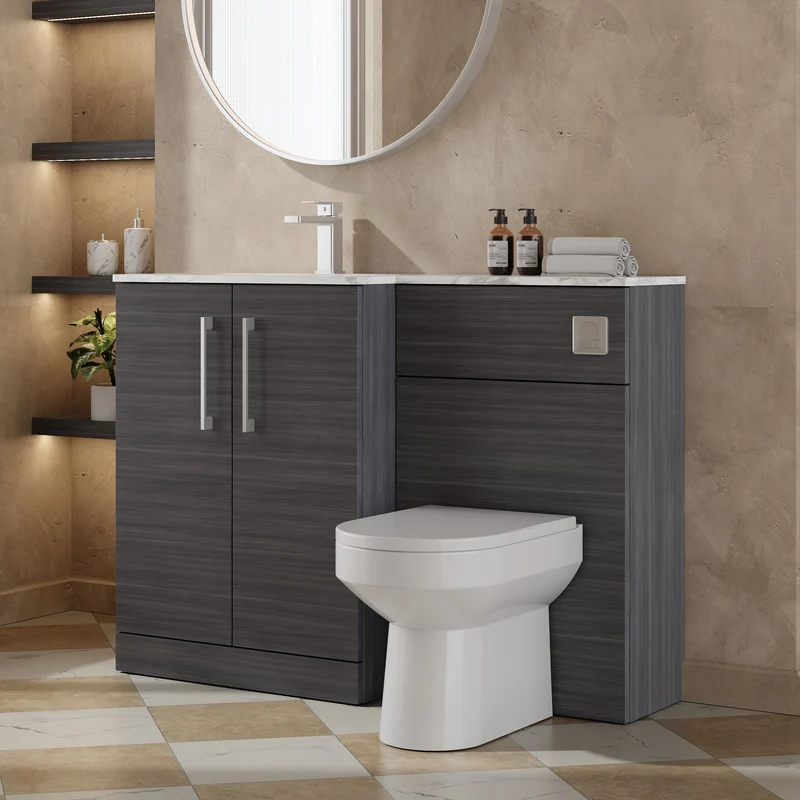 Lana 1100mm Basin & WC Combination Unit With Marble Stone Basin Left Hand - Anthracite Woodgrain