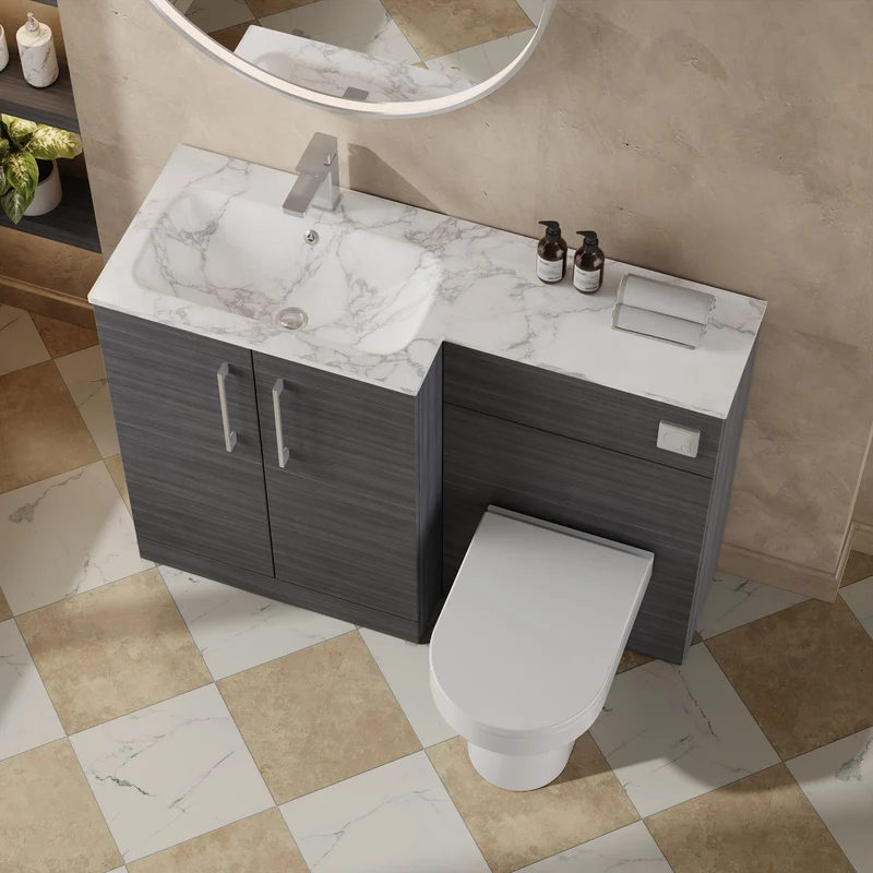 Lana 1100mm Basin & WC Combination Unit With Marble Stone Basin Left Hand - Anthracite Woodgrain