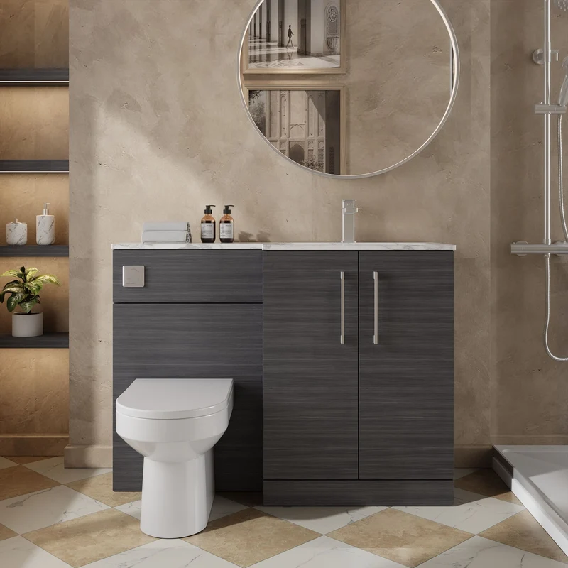 Lana 1100mm Basin & WC Combination Unit With Marble Stone Basin Right Hand - Anthracite Woodgrain