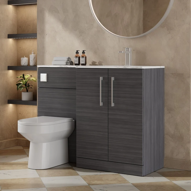 Lana 1100mm Basin & WC Combination Unit With Marble Stone Basin Right Hand - Anthracite Woodgrain