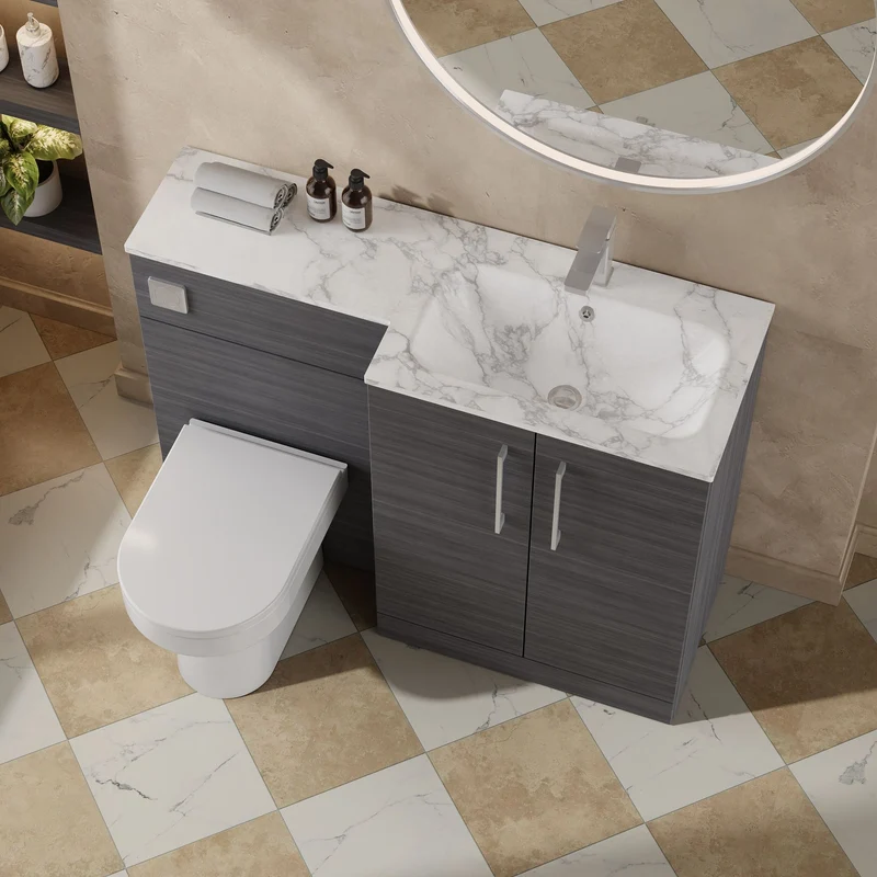 Lana 1100mm Basin & WC Combination Unit With Marble Stone Basin Right Hand - Anthracite Woodgrain