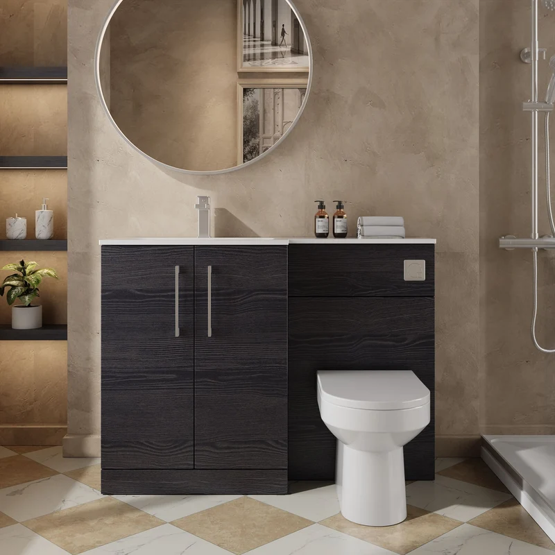 Lana 1100mm Basin & WC Combination Unit With White Stone Basin Left Hand - Charcoal Black Woodgrain