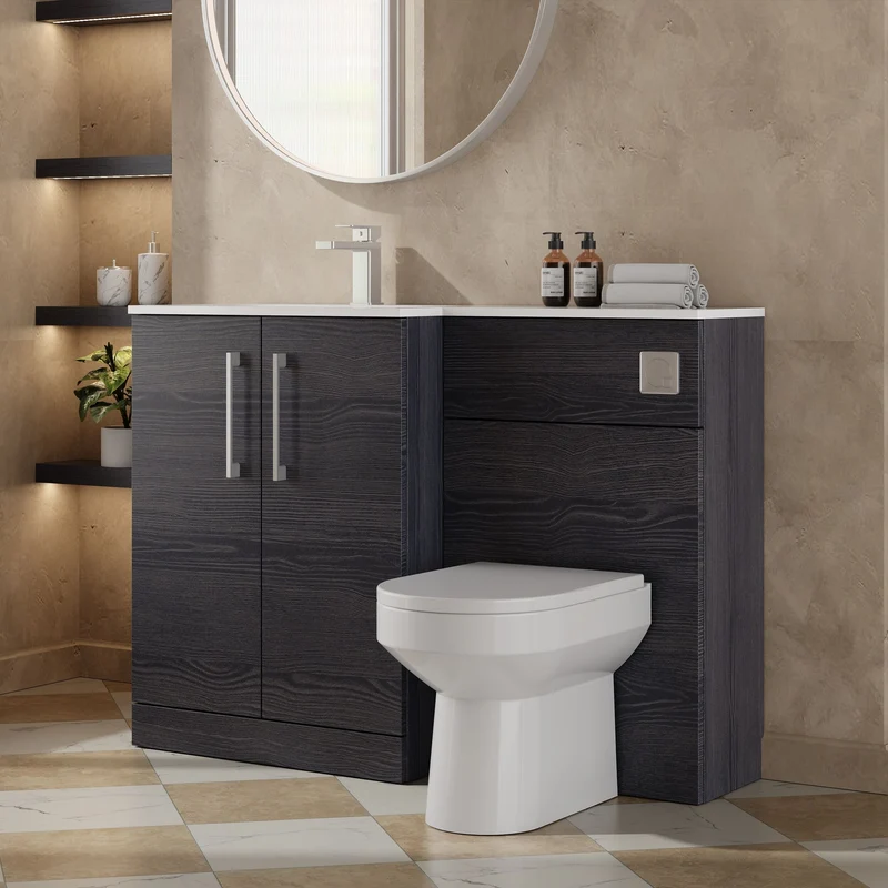 Lana 1100mm Basin & WC Combination Unit With White Stone Basin Left Hand - Charcoal Black Woodgrain