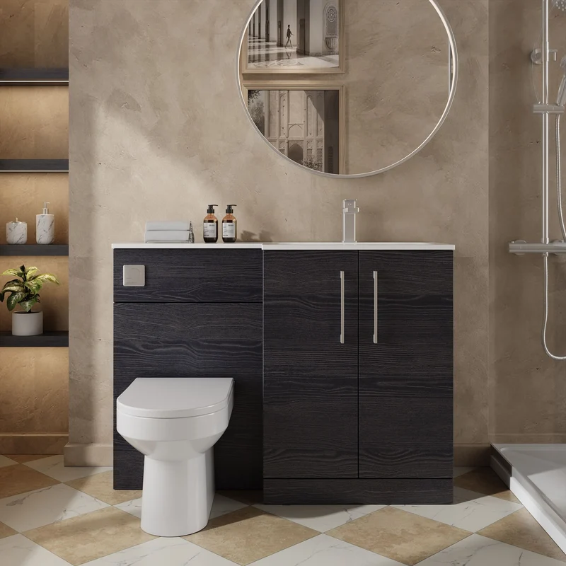 Lana 1100mm Basin & WC Combination Unit With White Stone Basin Right Hand - Charcoal Black Woodgrain