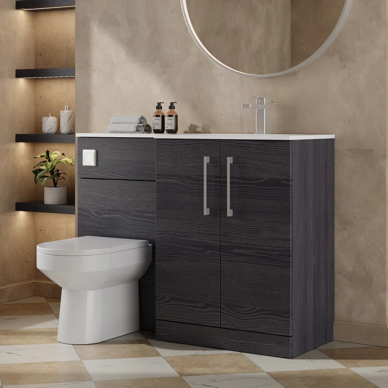 Lana 1100mm Basin & WC Combination Unit With White Stone Basin Right Hand - Charcoal Black Woodgrain