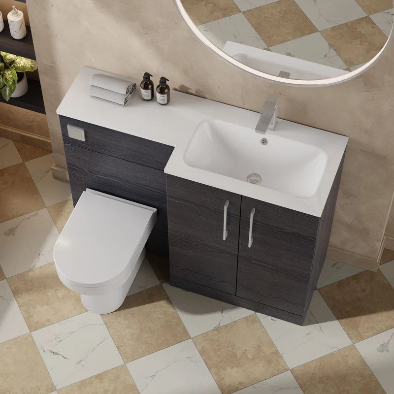 Lana 1100mm Basin & WC Combination Unit With White Stone Basin Right Hand - Charcoal Black Woodgrain