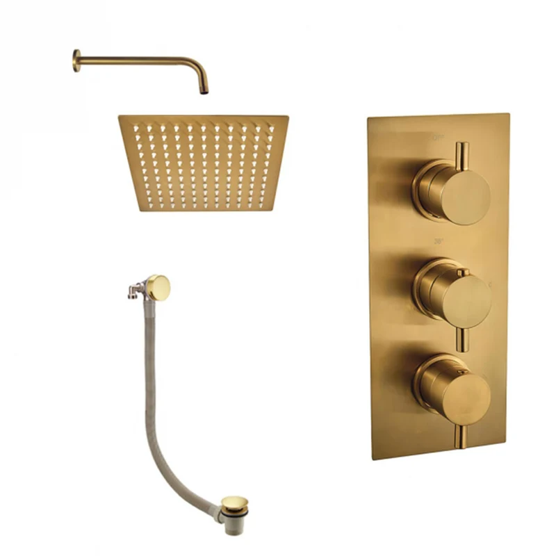 Aquadart Round Brushed Brass Thermostatic Concealed Shower Mixer with 200mm Fixed Head & Overflow Bath Filler