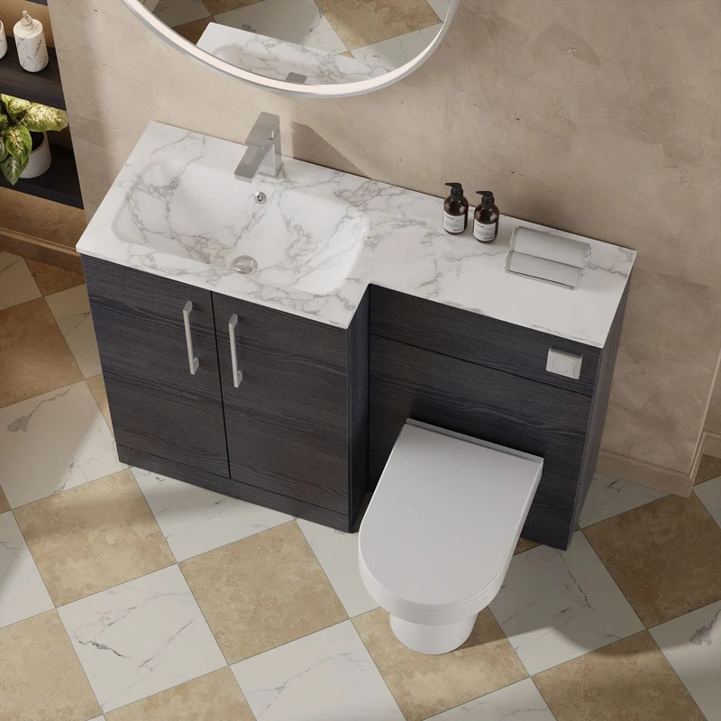 Lana 1100mm Basin & WC Combination Unit With Marble Stone Basin Left Hand - Charcoal Black Woodgrain