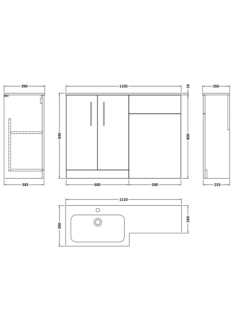 Lana 1100mm Basin & WC Combination Unit With Marble Stone Basin Left Hand - Charcoal Black Woodgrain